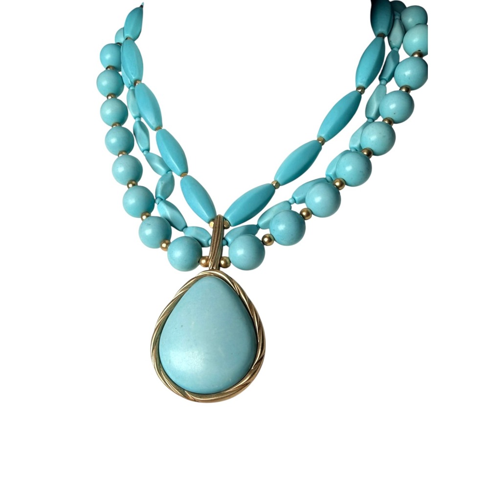 Chico's faux Turquoise Blue Beaded Triple Strand Teardrop Pendant Necklace gold - Picture 4 of 6